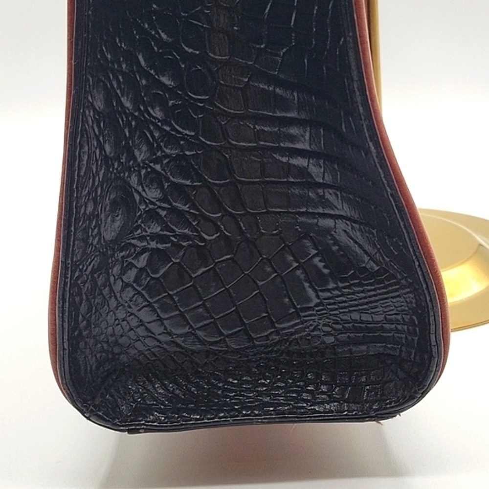 BRAHMIN Black Croc Embossed Crox Leather Shopper's Tote Cognac Leather Strap - Picture 6 of 15